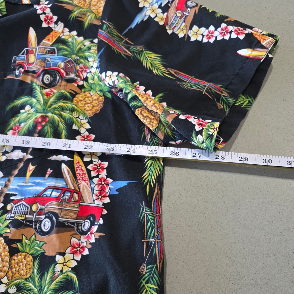RJC Hawaiian Shirt Mens‎ XL Black Woodie Car Surfboard Pineapple Tropical Hawaii - Picture 3 of 12